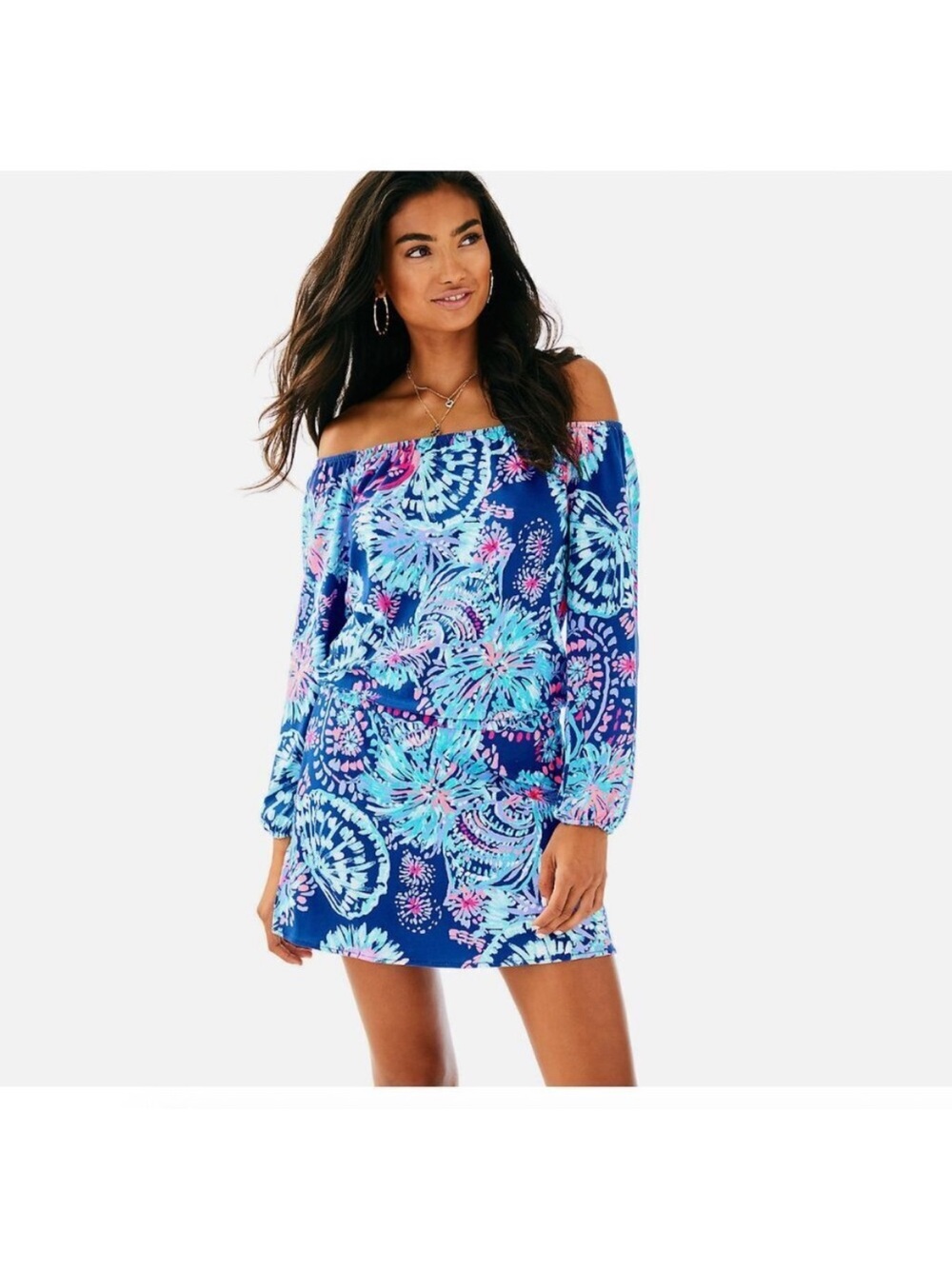 👗Lilly Pulitzer Navy Blue Pink Floral off shoulder Lana  skirt